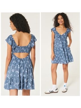 Hollister Blue Floral Viscose Flutter Sleeve Babydoll Dress S Cottagecore 90s